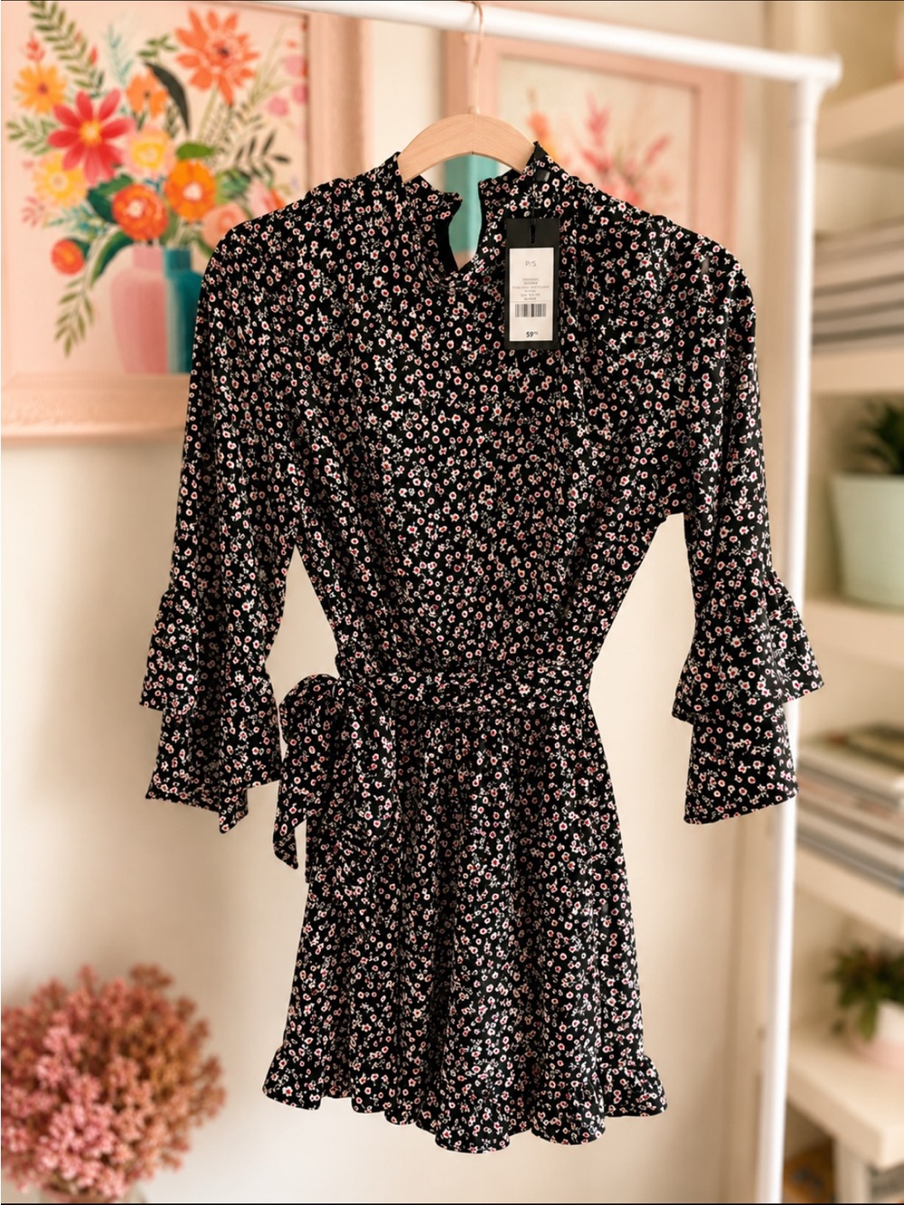 Women's Black Mini Dress with Pink Floral Print and Tie Waist